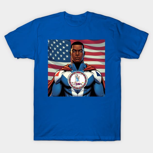 Richmond Virginia 1990s Comic Book Superhero RVA American Flag T-Shirt by Woodpile